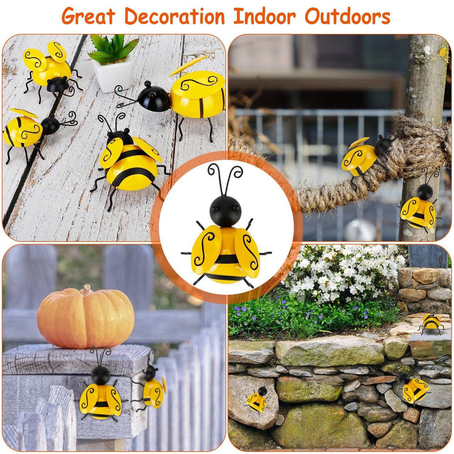 4Pcs Bumble Bee Set Ornament 3D Iron Hanging Bee Wall Decor Art Sculpture Statues Decorations